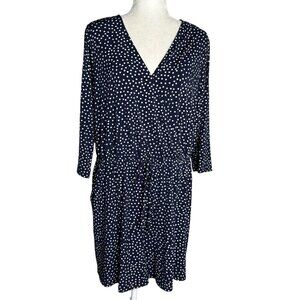 Kalileigh Navy Blue Polka Dot Romper 1X V Neck 3/4 Sleeve Elastic Waist Pockets